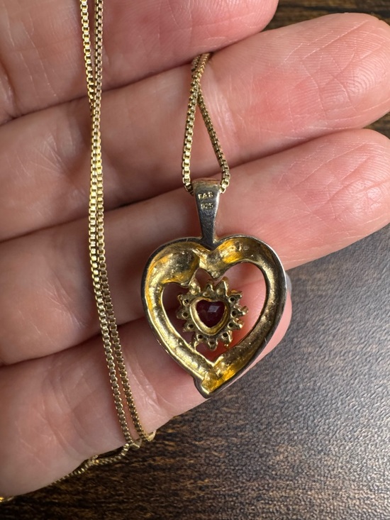 Gold Vermeil Heart Pendant Necklace with Ruby-Red Center FAS 925 Italy 18” - Picture 11 of 15